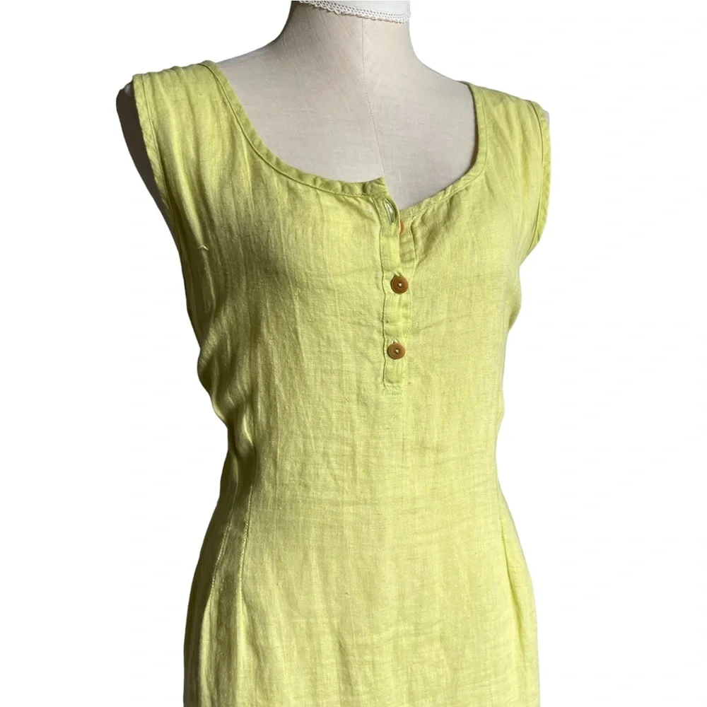 Flax Linen Lime Green Chartreuse Sleeveless Three Button Maxi Dress Size Large - Picture 4 of 16